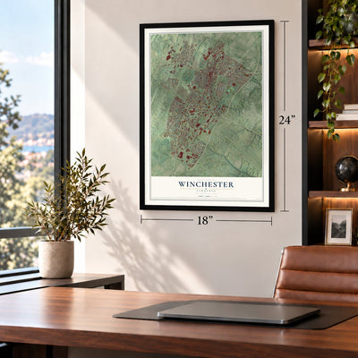 Winchester, Virginia map, 18 x 24 inch print in a black frame in a home office