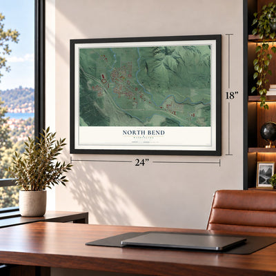 North Bend, Washington map, 18 x 24 inch print in a black frame in a home office