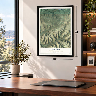 Oswayo, Potter County, Pennsylvania map, 18 x 24 inch print in a black frame in a home office