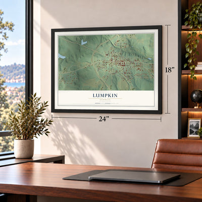 Lumpkin, Georgia map, 18 x 24 inch print in a black frame in a home office