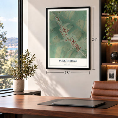 York Springs, Pennsylvania map, 18 x 24 inch print in a black frame in a home office