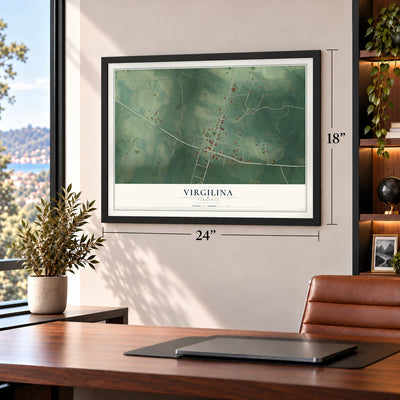 Virgilina, Virginia map, 18 x 24 inch print in a black frame in a home office