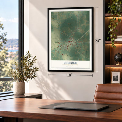 Concord, Georgia map, 18 x 24 inch print in a black frame in a home office