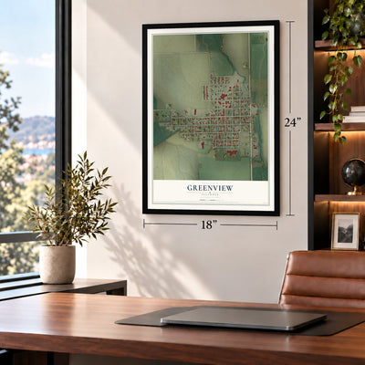 Greenview, Illinois map, 18 x 24 inch print in a black frame in a home office