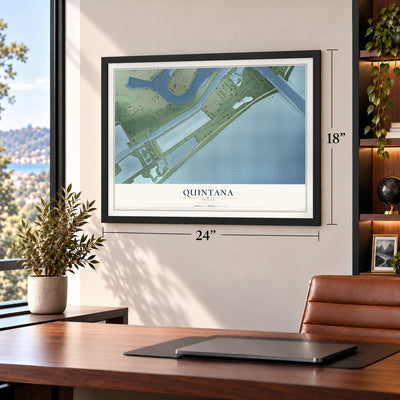 Quintana, Texas map, 18 x 24 inch print in a black frame in a home office