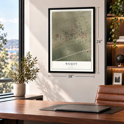 Wickett, Texas map, 18 x 24 inch print in a black frame in a home office