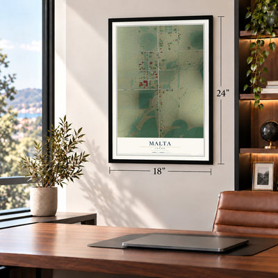 Malta, Idaho map, 18 x 24 inch print in a black frame in a home office