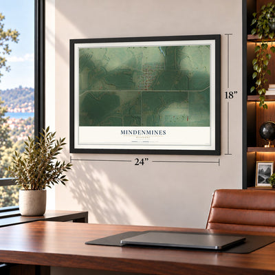 Mindenmines, Missouri map, 18 x 24 inch print in a black frame in a home office