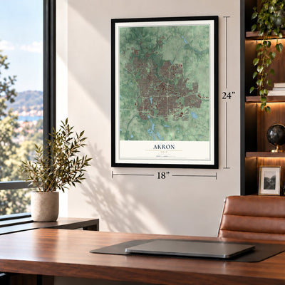 Akron, Ohio map, 18 x 24 inch print in a black frame in a home office
