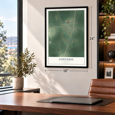 Converse, Louisiana map, 18 x 24 inch print in a black frame in a home office