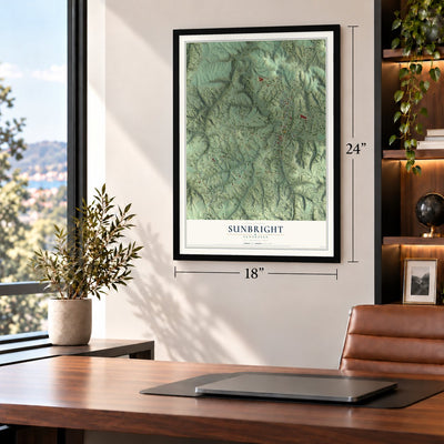 Sunbright, Tennessee map, 18 x 24 inch print in a black frame in a home office