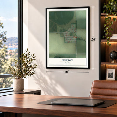 Simpson, Kansas map, 18 x 24 inch print in a black frame in a home office