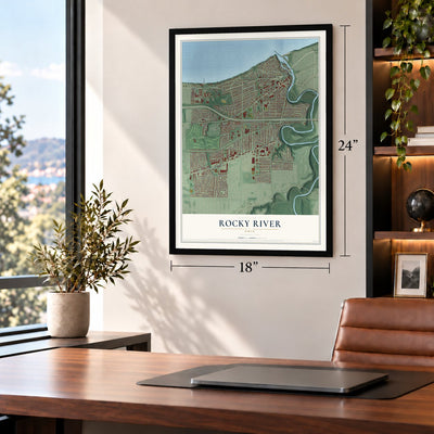Rocky River, Ohio map, 18 x 24 inch print in a black frame in a home office