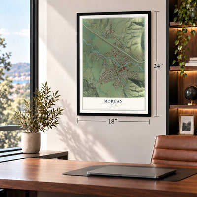 Morgan, Utah map, 18 x 24 inch print in a black frame in a home office