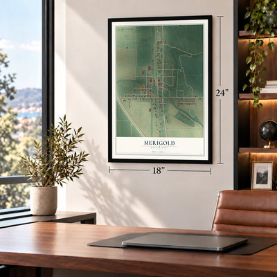 Merigold, Mississippi map, 18 x 24 inch print in a black frame in a home office