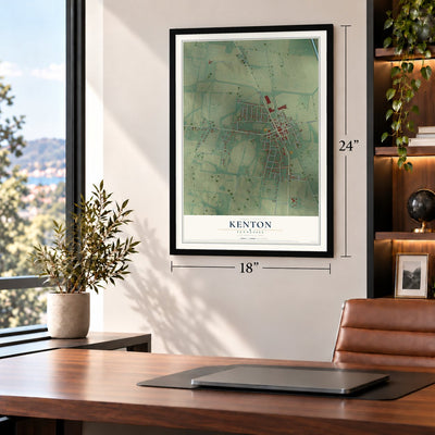 Kenton, Tennessee map, 18 x 24 inch print in a black frame in a home office