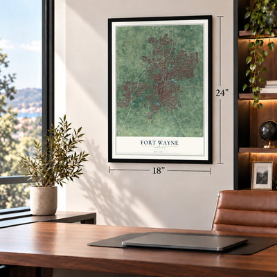 Fort Wayne, Indiana map, 18 x 24 inch print in a black frame in a home office