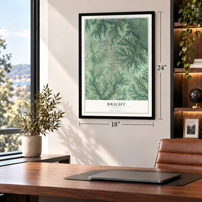 Bright, Indiana map, 18 x 24 inch print in a black frame in a home office