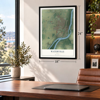 Waterville, Ohio map, 18 x 24 inch print in a black frame in a home office
