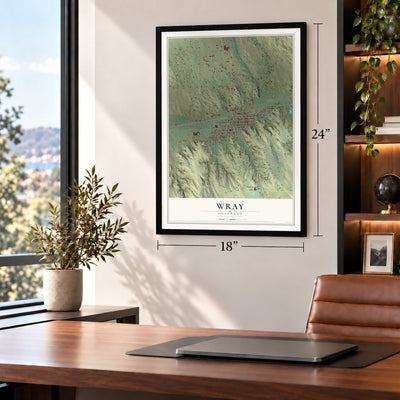 Wray, Colorado map, 18 x 24 inch print in a black frame in a home office