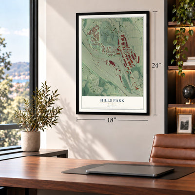 Hills Park, Georgia map, 18 x 24 inch print in a black frame in a home office