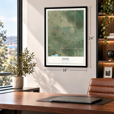 Ruso, North Dakota map, 18 x 24 inch print in a black frame in a home office