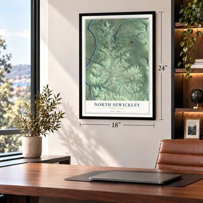 North Sewickley, Pennsylvania map, 18 x 24 inch print in a black frame in a home office