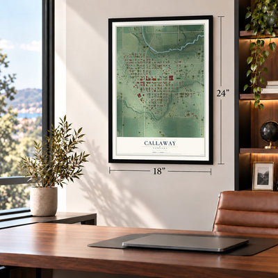 Callaway, Nebraska map, 18 x 24 inch print in a black frame in a home office