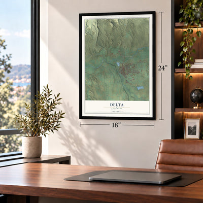 Delta, Colorado map, 18 x 24 inch print in a black frame in a home office