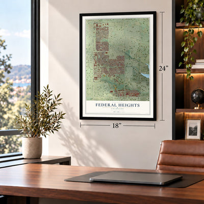 Federal Heights, Colorado map, 18 x 24 inch print in a black frame in a home office