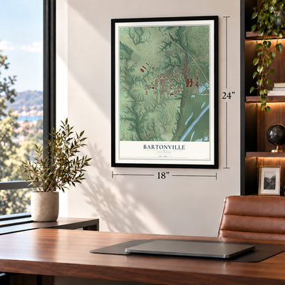 Bartonville, Illinois map, 18 x 24 inch print in a black frame in a home office