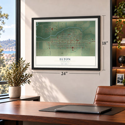 Elton, Louisiana map, 18 x 24 inch print in a black frame in a home office