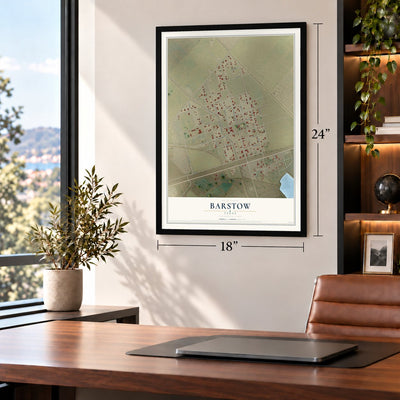 Barstow, Texas map, 18 x 24 inch print in a black frame in a home office