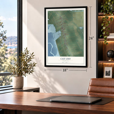 Cut Off, Louisiana map, 18 x 24 inch print in a black frame in a home office