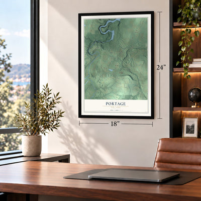 Portage, New York map, 18 x 24 inch print in a black frame in a home office