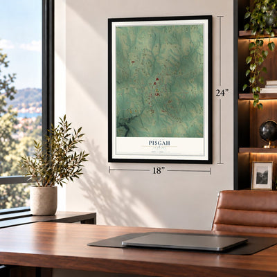 Pisgah, Alabama map, 18 x 24 inch print in a black frame in a home office