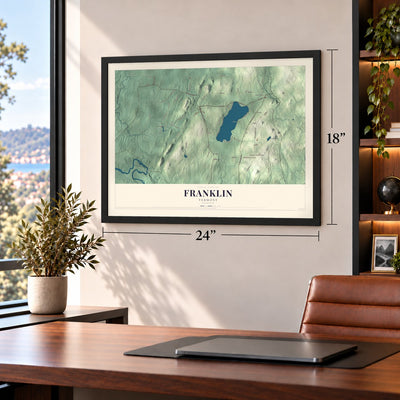 Franklin, Vermont map, 18 x 24 inch print in a black frame in a home office