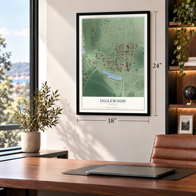 Inglewood, Nebraska map, 18 x 24 inch print in a black frame in a home office