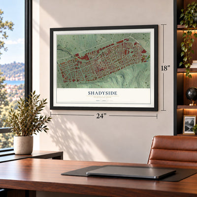 Shadyside, Pennsylvania map, 18 x 24 inch print in a black frame in a home office