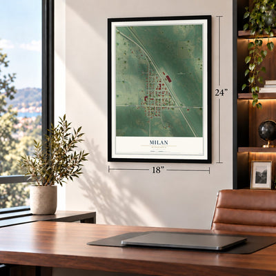 Milan, Minnesota map, 18 x 24 inch print in a black frame in a home office