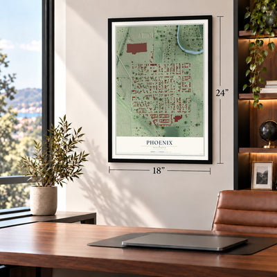 Phoenix, Illinois map, 18 x 24 inch print in a black frame in a home office