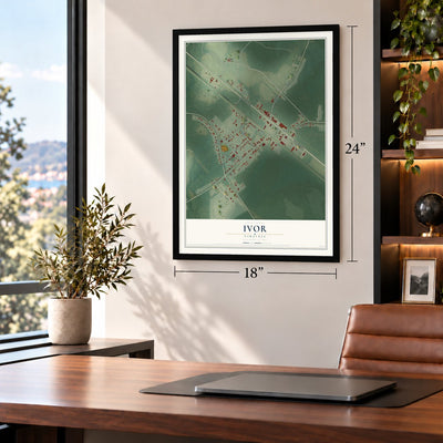 Ivor, Virginia map, 18 x 24 inch print in a black frame in a home office