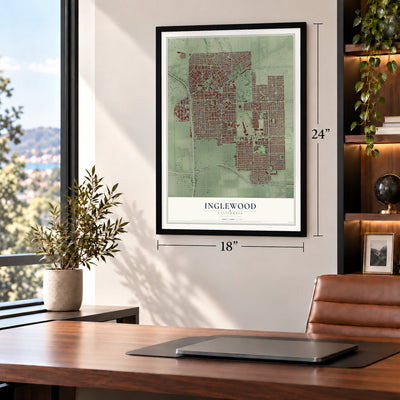 Inglewood, California map, 18 x 24 inch print in a black frame in a home office