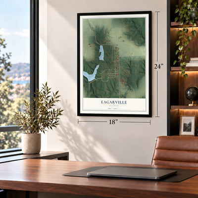 Eagarville, Illinois map, 18 x 24 inch print in a black frame in a home office
