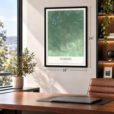 Alabama, New York map, 18 x 24 inch print in a black frame in a home office