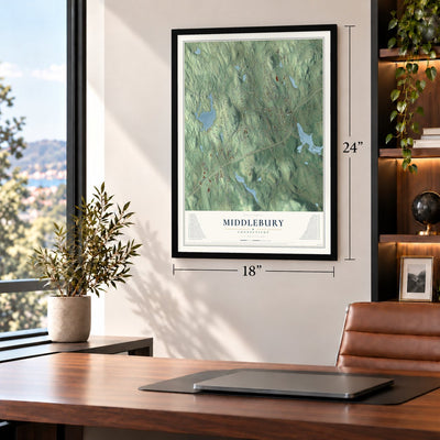 Middlebury, Connecticut map, 18 x 24 inch print in a black frame in a home office