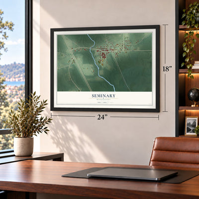 Seminary, Mississippi map, 18 x 24 inch print in a black frame in a home office