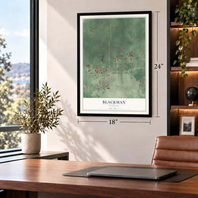 Blackman, Michigan map, 18 x 24 inch print in a black frame in a home office