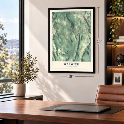 Warwick, Massachusetts map, 18 x 24 inch print in a black frame in a home office