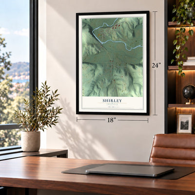 Shirley, Arkansas map, 18 x 24 inch print in a black frame in a home office